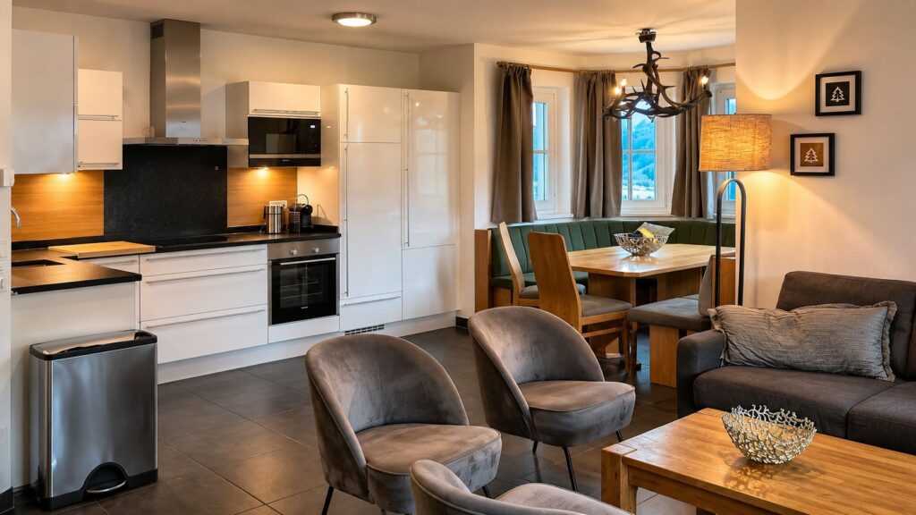 Cozy open-plan living, dining and kitchen area in the Garden Apartment