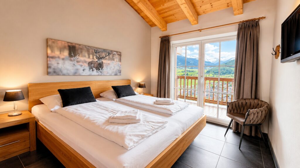 Cozy double bed bedroom alpine retreat with mountain view