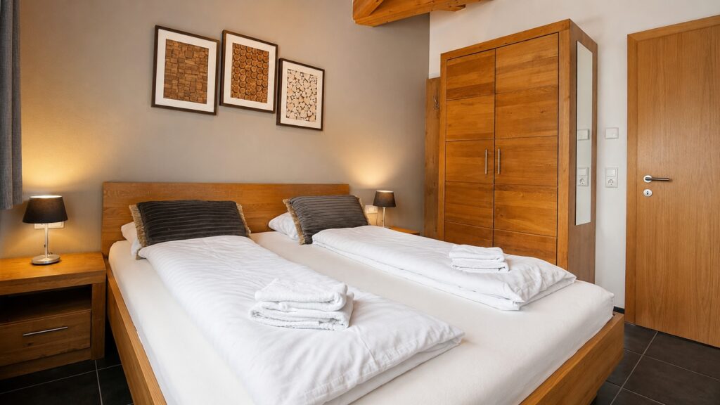 Cozy modern double bed bedroom with wooden accents Penthouse