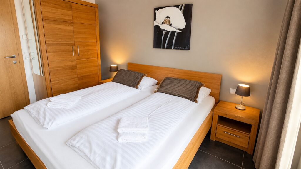 Modern minimalist double bed bedroom with wooden accents Penthouse